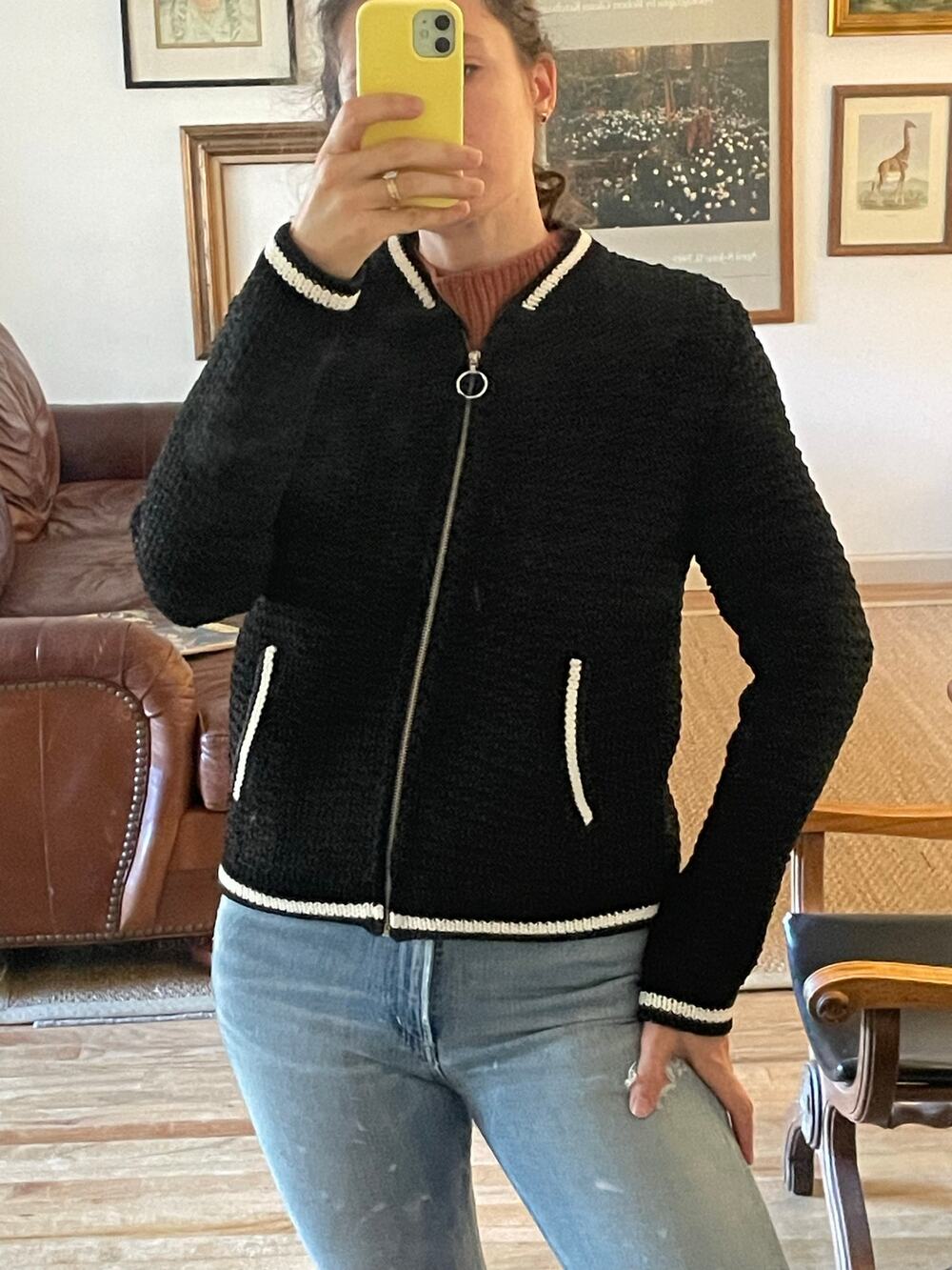 Maje Black Knit Varsity Style Jacket Zip Front